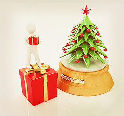 Image showing 3D human, gift and Christmas tree . 3D illustration. Vintage sty