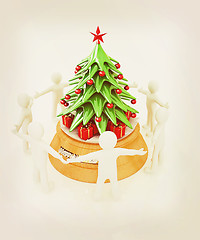 Image showing 3D human around gift and Christmas tree. 3D illustration. Vintag