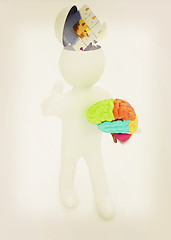 Image showing 3d people - man with half head, brain and trumb up. Idea concept