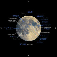 Image showing Full moon map, enhanced colours, names in Latin and English