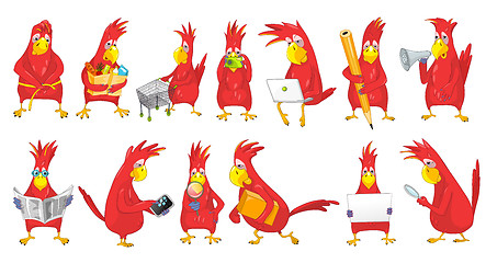 Image showing Vector set of funny parrots illustrations.