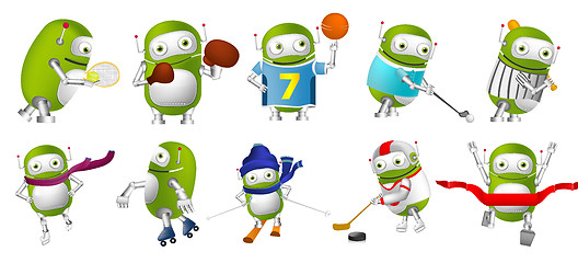 Image showing Vector set of green robots sport illustrations.