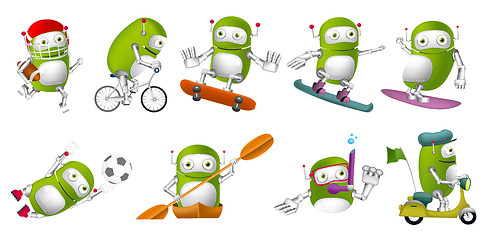 Image showing Vector set of green robots sport illustrations.