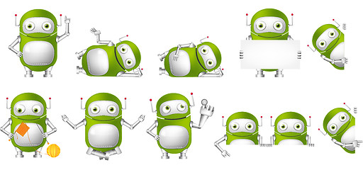 Image showing Vector set of green robots illustrations.