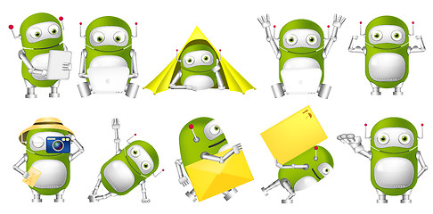 Image showing Vector set of green robots illustrations.