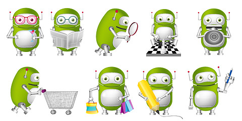 Image showing Vector set of green robots illustrations.