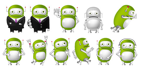 Image showing Vector set of green robots illustrations.