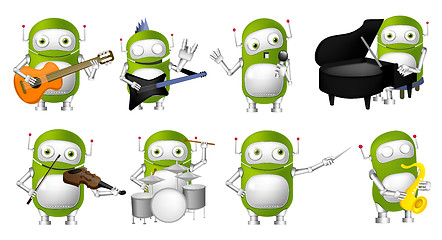 Image showing Vector set of green robots music illustrations.