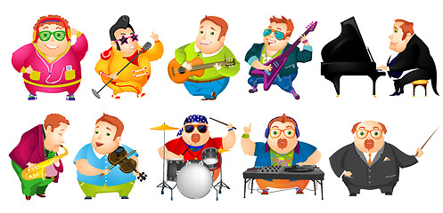 Image showing Vector set of funny fat man music illustrations.