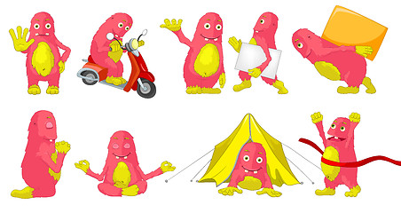 Image showing Vector set of cute pink monsters cartoon illustrations.