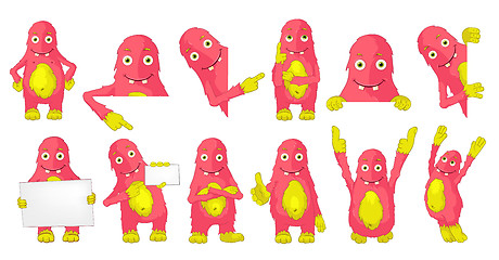 Image showing Vector set of cute pink monsters illustrations.