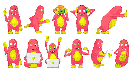 Image showing Vector set of cute pink monsters illustrations.