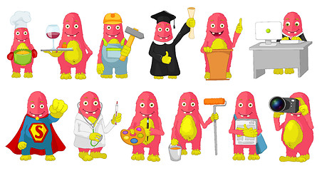 Image showing Vector set of cute pink monsters cartoon illustrations.
