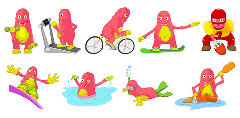 Image showing Vector set of pink monsters sport cartoon illustrations.