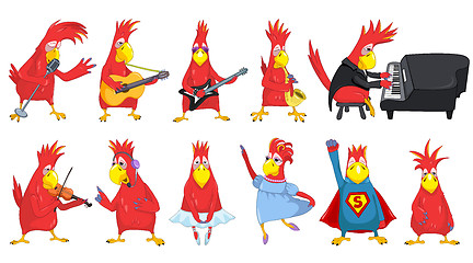 Image showing Vector set of funny parrots music illustrations.