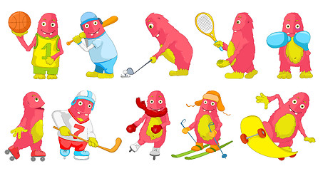 Image showing Vector set of pink monsters sport cartoon illustrations.
