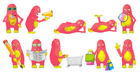 Image showing Vector set of cute pink monsters illustrations.