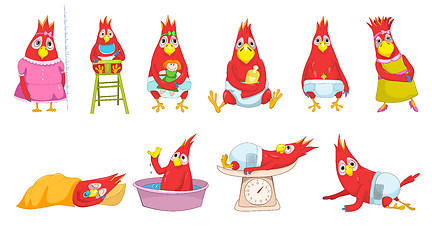 Image showing Vector set of funny baby parrots illustrations.