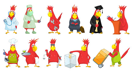 Image showing Vector set of funny parrots illustrations.