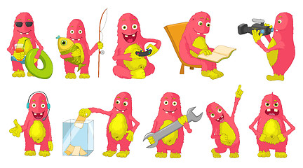 Image showing Vector set of big pink monsters cartoon illustrations.