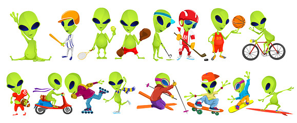 Image showing Vector set of green aliens sport illustrations.