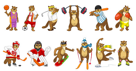 Image showing Vector set of cute beavers sport illustrations.