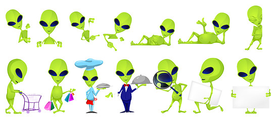 Image showing Vector set of funny green aliens illustrations.