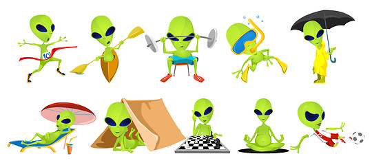 Image showing Vector set of green aliens sport illustrations.