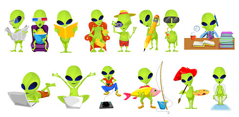 Image showing Vector set of green aliens hobby illustrations.