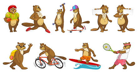 Image showing Vector set of cute beavers sport illustrations.