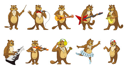 Image showing Vector set of cute beavers music illustrations.