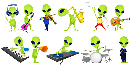 Image showing Vector set of green aliens music illustrations.