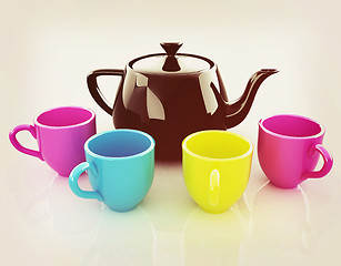 Image showing colorfall cups and teapot. 3D illustration. Vintage style.