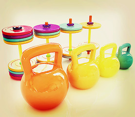 Image showing Colorful weights and dumbbells . 3D illustration. Vintage style.