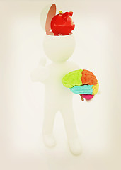 Image showing 3d people - man with half head, brain and trumb up. Saving conce