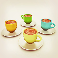 Image showing Coffee cups on saucer. 3D illustration. Vintage style.