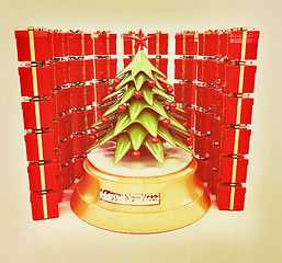 Image showing Christmas tree and gifts. 3D illustration. Vintage style.