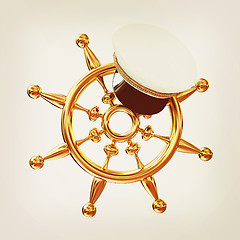 Image showing Marine cap on gold marine steering wheel . 3D illustration. Vint