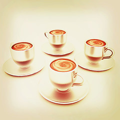 Image showing Coffee cups on saucer. 3D illustration. Vintage style.