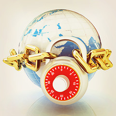 Image showing Earth globe close in chain and padlock . 3D illustration. Vintag