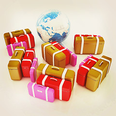 Image showing travel bags and earth on white . 3D illustration. Vintage style.