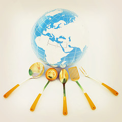 Image showing cutlery on white background around Earth. 3D illustration. Vinta