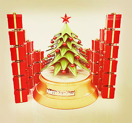Image showing Christmas tree and gifts. 3D illustration. Vintage style.