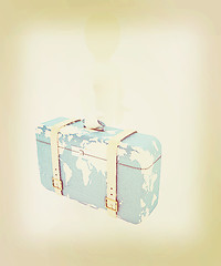 Image showing Leather suitcase for travel with 3d man . 3D illustration. Vinta