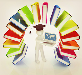 Image showing Colorful books like the rainbow and 3d man in a graduation hat w