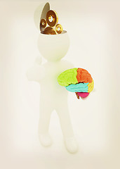 Image showing 3d people - man with half head, brain and trumb up. Concept of t