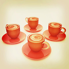 Image showing Coffee cups on saucer. 3D illustration. Vintage style.