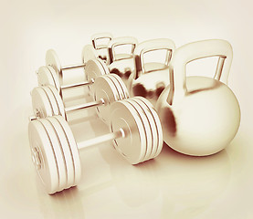 Image showing Metall weights and dumbbells . 3D illustration. Vintage style.