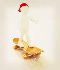 Image showing 3d white person with a skate and a cap. 3D illustration. Vintage