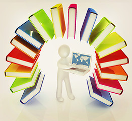 Image showing Colorful books like the rainbow and 3d man with laptop . 3D illu